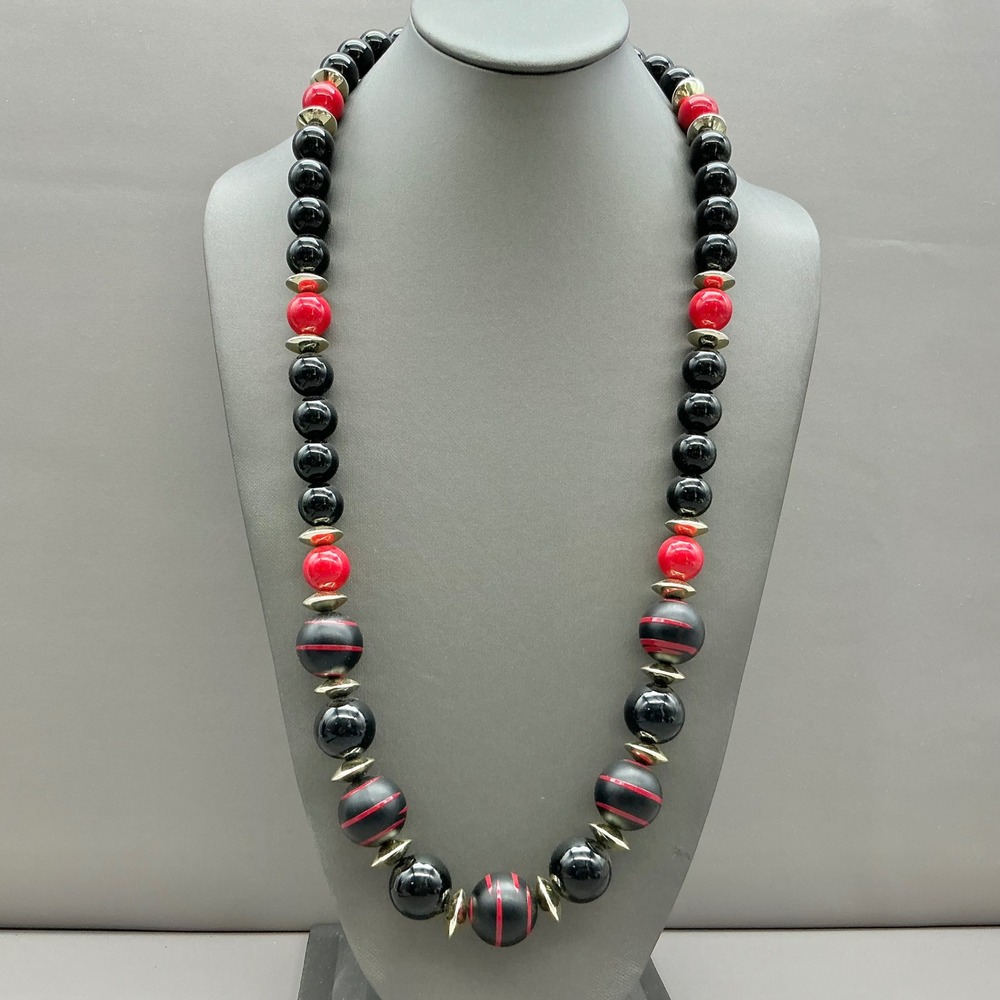 Vintage Beaded Necklace Women Black Red Striped Accents Gold Tone Spacers 28 In